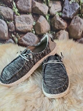Hey Dude Women's Black & White Knit Lace-Detail Slip-Ons